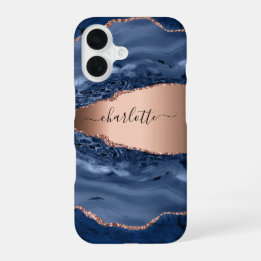 Blue agate marble rose gold name script iPhone 16 case
