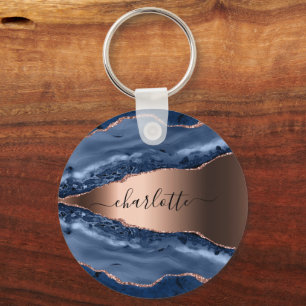 Blue agate marble rose gold name script key ring