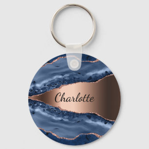 Blue agate marble rose gold name script key ring