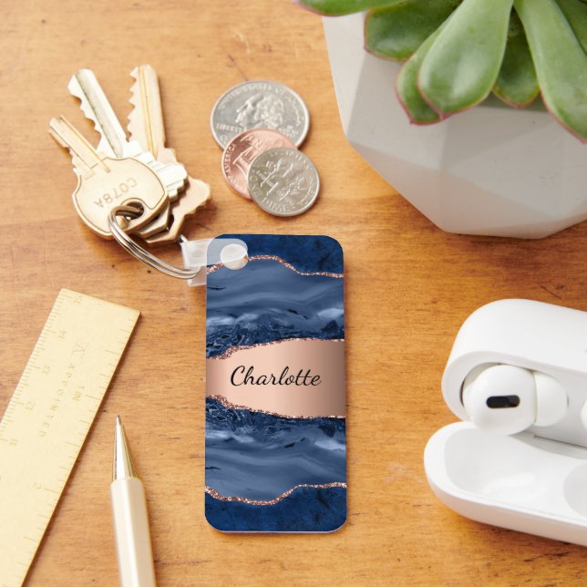 Blue agate marble rose gold name script  key ring (Desk)