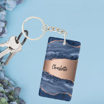 Blue agate marble rose gold name script key ring<br><div class="desc">A dark blue and rose gold agate,  marble stone print as background Personalise and add your name. The name is written with a modern hand lettered style script.</div>