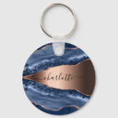 Blue agate marble rose gold name script key ring (Front)