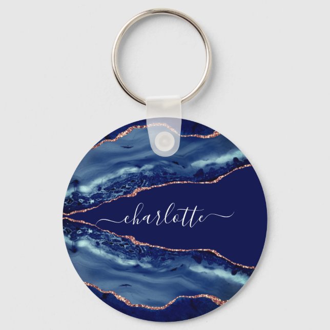 Blue agate marble rose gold name script key ring (Front)