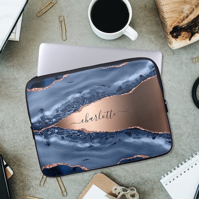 Blue agate marble rose gold name script laptop sleeve (Creator Uploaded)