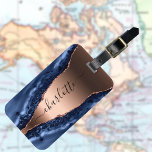 Blue agate marble rose gold name script luggage tag<br><div class="desc">A dark blue and rose gold agate, marble stone print as background. On the front: Personalise and add your name. The name is written with a modern hand lettered style script with swashes. To keep the swashes only delete the sample name, leave the spaces or emoji's in front and after...</div>