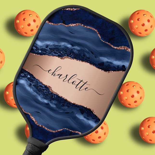 Blue agate marble rose gold name script pickleball paddle (Creator Uploaded)