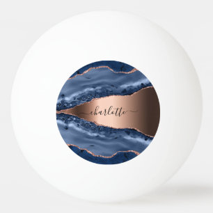 Blue agate marble rose gold name script ping pong ball