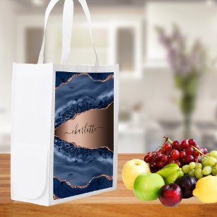 Blue agate marble rose gold name script reusable grocery bag