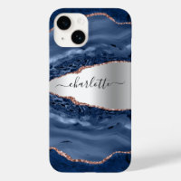 Blue agate marble rose gold silver name script