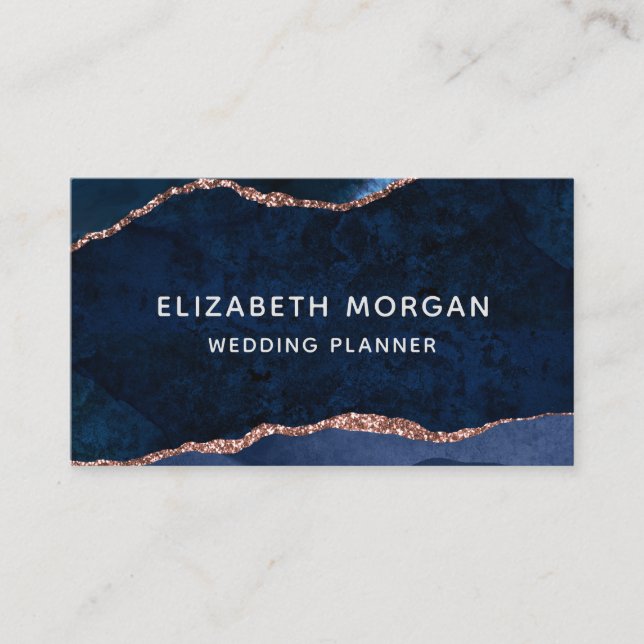 Blue Agate Marble Rose Gold Watercolor Business Card (Front)