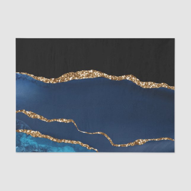 Blue Agate Marble Shiny Golden Glitter Chic Glam Tissue Paper (Front)