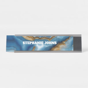 Blue Agate Monogram Turquoise Gold Custom Name Desk Name Plate