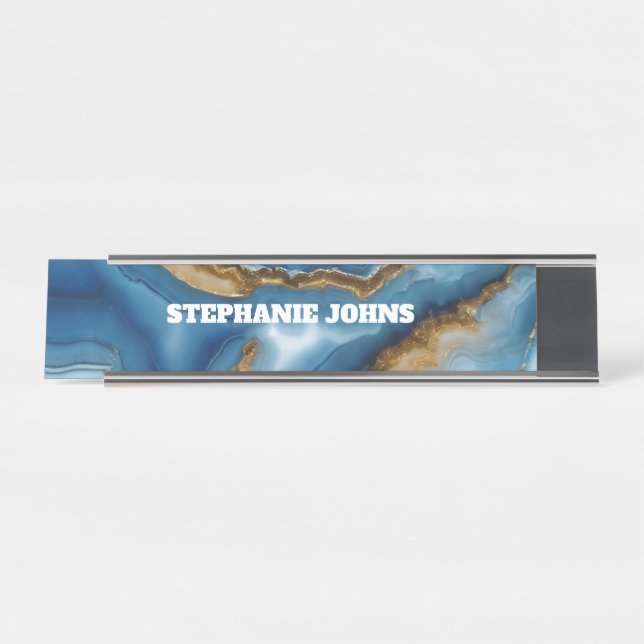 Blue Agate Monogram Turquoise Gold Custom Name Desk Name Plate (Front)