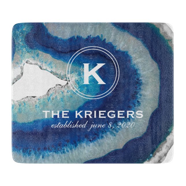 Blue Agate Monogram Wedding Cutting Board (Front)