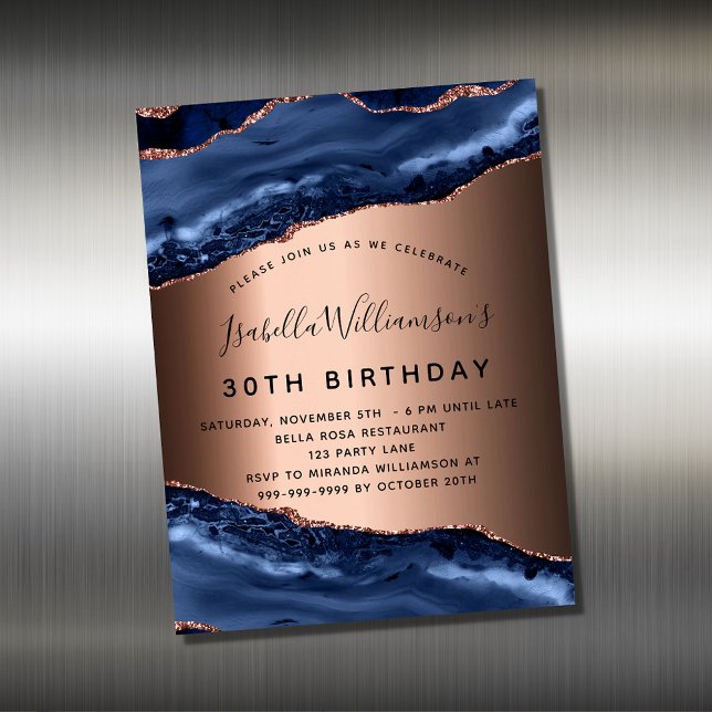 Blue agate rose gold birthday invitation magnet (Creator Uploaded)