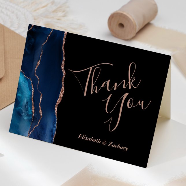 Blue Agate Rose Gold Dark Wedding Thank You Card (Creator Uploaded)