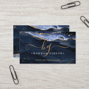 Blue Agate Script Monogram Faux Gold Glitter Business Card