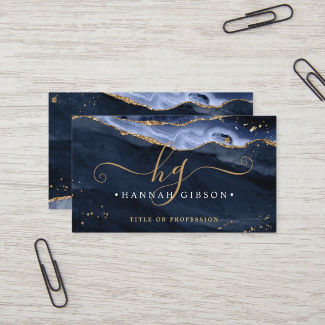  Blue Agate Script Monogram Faux Gold Glitter Business Card (Front/Back In Situ)