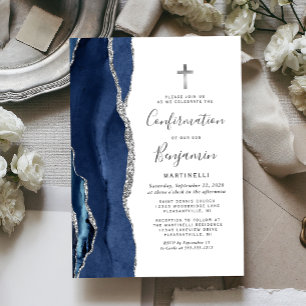 Blue Agate Silver Glitter Confirmation Invitation