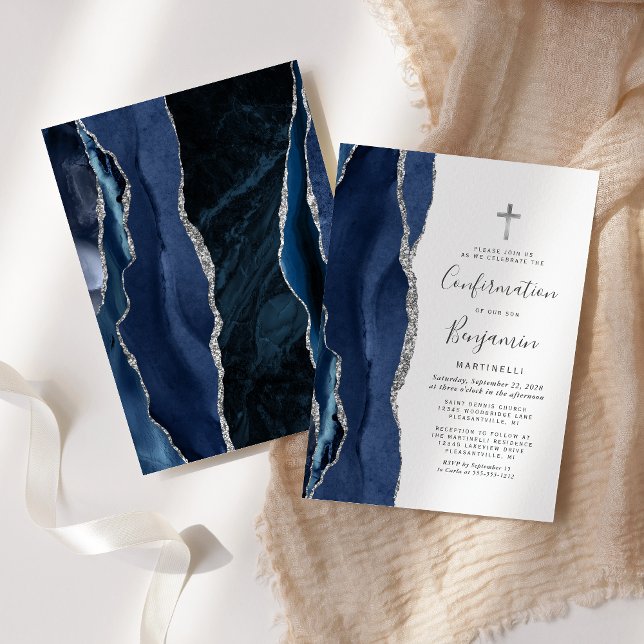 Blue Agate Silver Glitter Confirmation Invitation (Creator Uploaded)