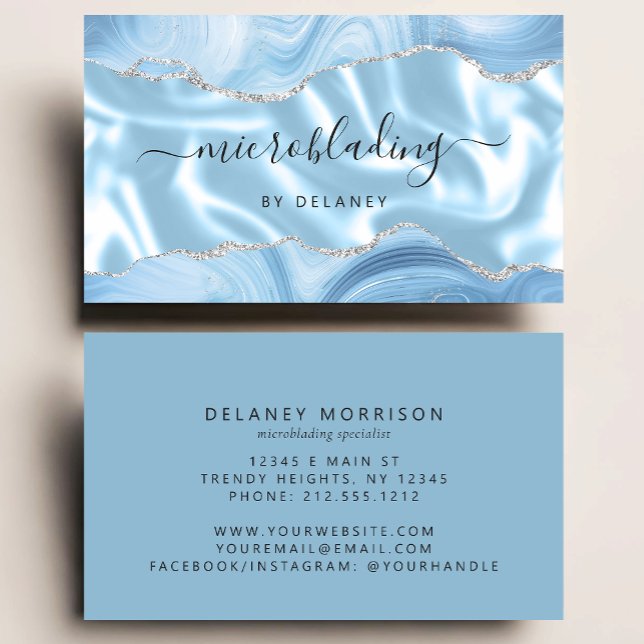 Blue Agate Silver Glitter Luxury Microblading Business Card (Creator Uploaded)
