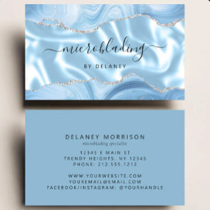 Blue Agate Silver Glitter Luxury Microblading Business Card