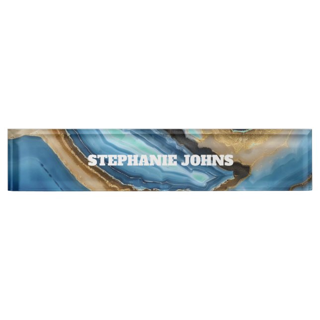 Blue Agate Turquoise Gold Custom Name Monogram Nameplate (Front)