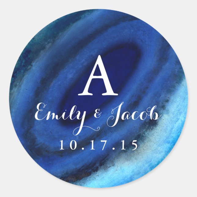 Blue Agate Wedding Monogram Classic Round Sticker (Front)