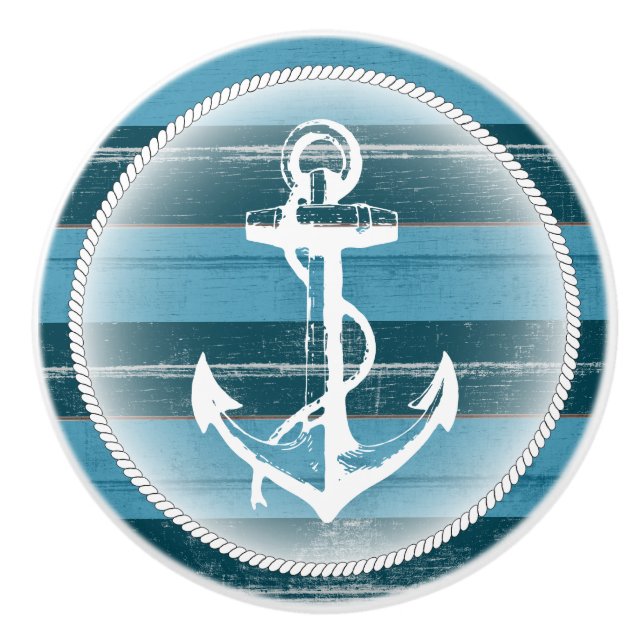 Blue Aged Wood with Nautical Anchor Ceramic Knob (Front)