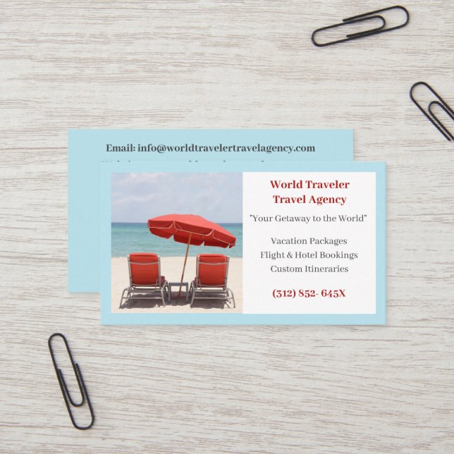 Blue Agent Travel Agency Red Beach Chairs  Business Card (Front/Back In Situ)