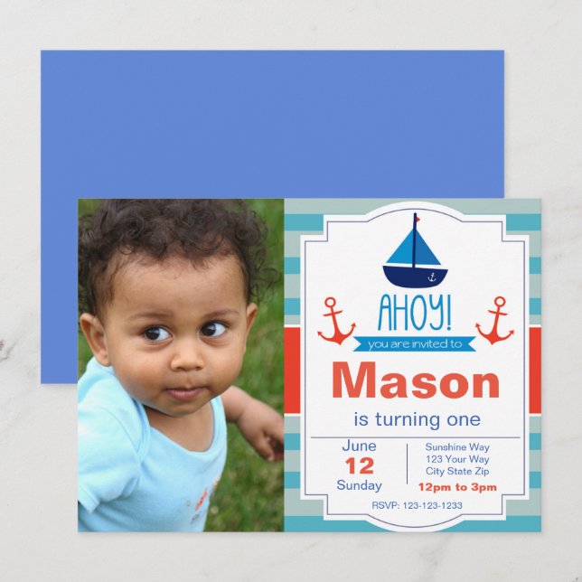Blue Ahoy Birthday Invitation with Photo (Front/Back)