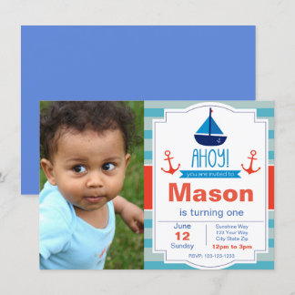 Blue Ahoy Birthday Invitation with Photo