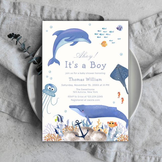 Blue Ahoy Ocean Dolphin Whale Boy Baby Shower  Invitation (Blue Ahoy Ocean Dolphin Whale Boy Baby Shower Invitation)