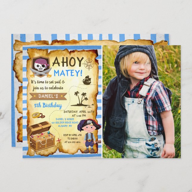 Blue Ahoy Treasure Map Boys Pirate Photo Birthday Invitation (Front/Back)