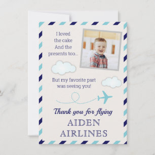 Blue Airline Aeroplane Baby Boy 1st Birthday Party Thank You Card