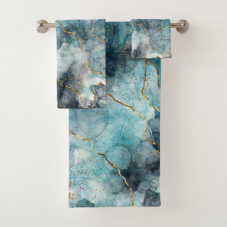 Blue alcohol ink bath towel set
