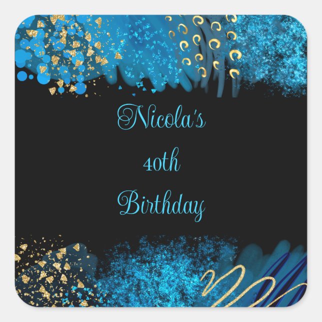 Blue Alcohol Ink Birthday Party Square Sticker (Front)