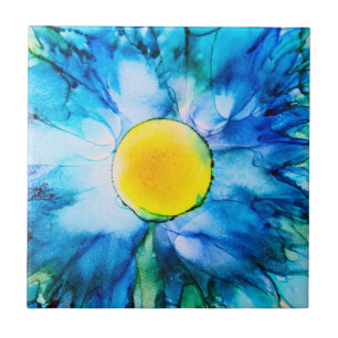 Blue Alcohol Ink Flower Ceramic Tile
