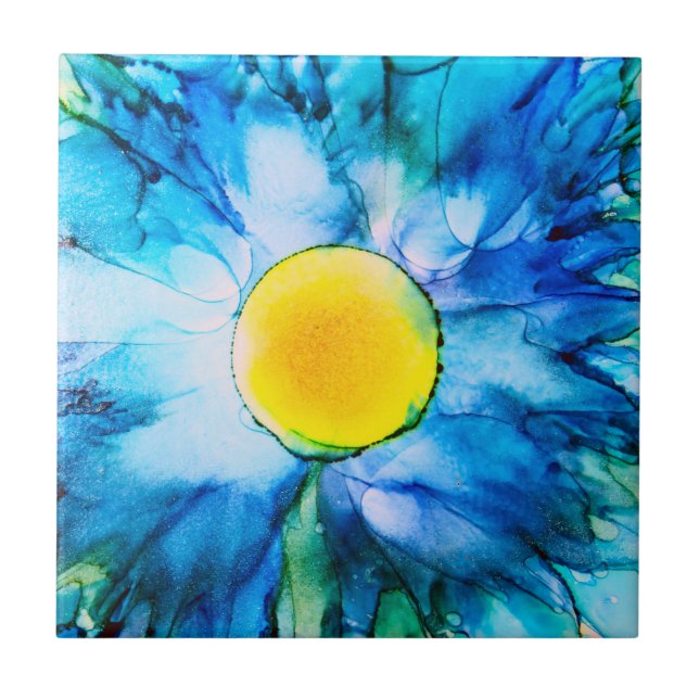 Blue Alcohol Ink Flower Ceramic Tile (Front)