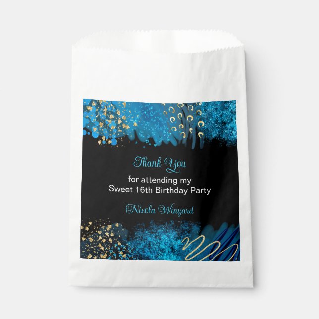 Blue Alcohol Ink Sweet 16 Birthday Party Favour Bag (Front)