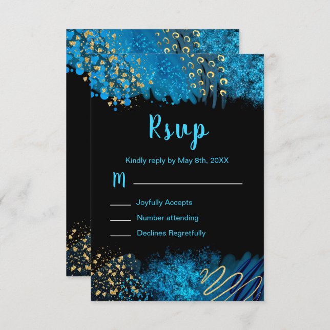 Blue Alcohol Ink Sweet 16 Birthday Party RSVP (Front/Back)