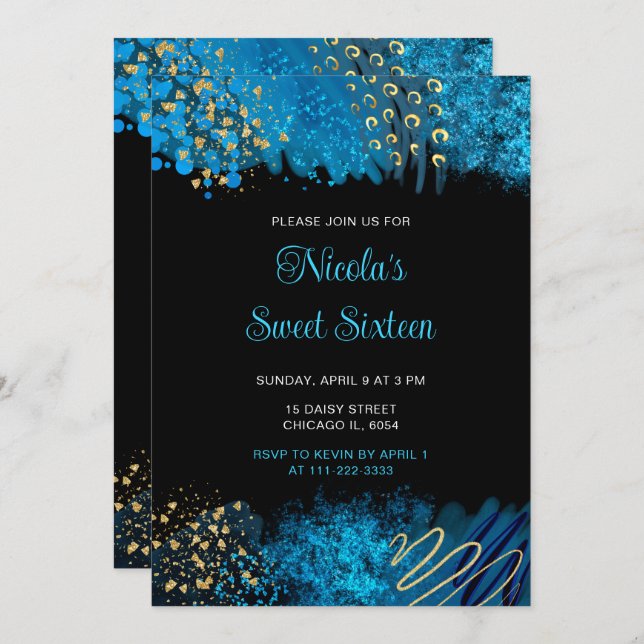 Blue Alcohol Ink Sweet Sixteen Invitation (Front/Back)