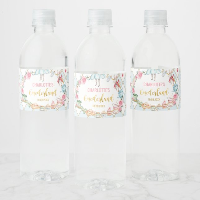 Blue Alice in Onederland Birthday Party Favours Water Bottle Label (Bottles)