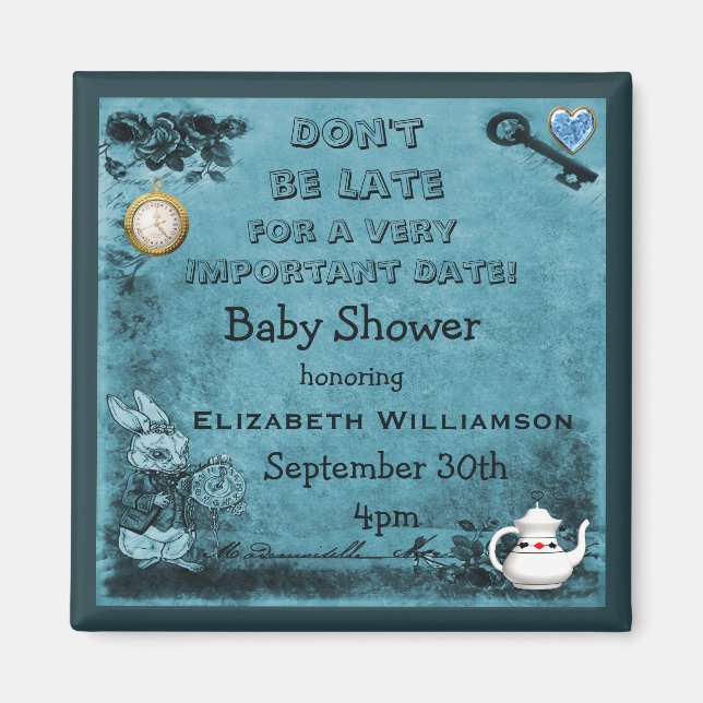 Blue Alice in Wonderland Save The Date Baby Shower Magnet (Front)