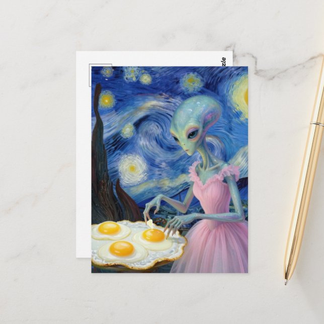 Blue Alien Pink Dress Eat Fried Eggs Faux Van Gogh Postcard (Front/Back In Situ)