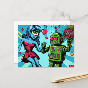 Blue Alien Woman and a Green Robot Postcard