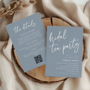 Blue All in One QR Code Bridal Shower Tea Party Invitation