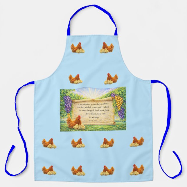 Blue All-Over Apron with Chickens & Bible Verse (Front)