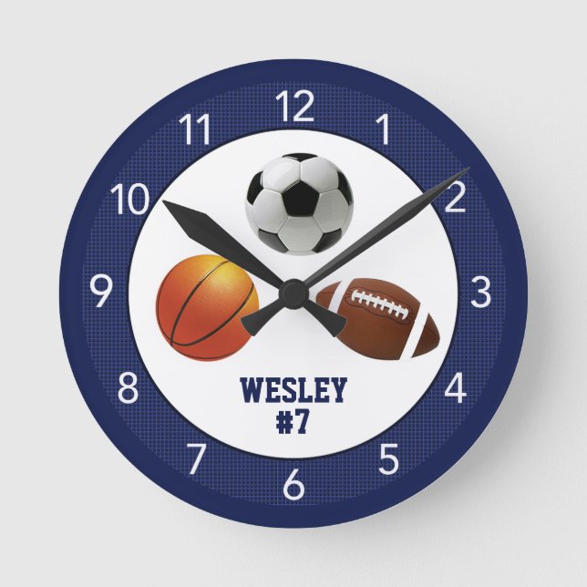 Blue All Star Sports Kid's Custom Round Clock (Front)