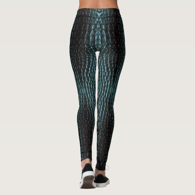 Blue Alligator Scales Pattern Leather Texture Leggings (Back)